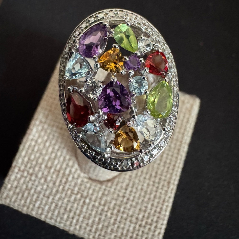Beautiful Silver 925 Multicolor Gemstones Ring with Crystal Accents - Picture 2 of 8
